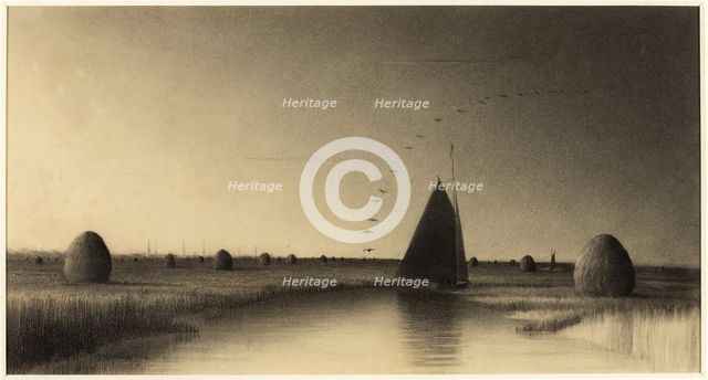 Sailboat and Haystacks on Newbury Marsh, n.d. Creator: Unknown.