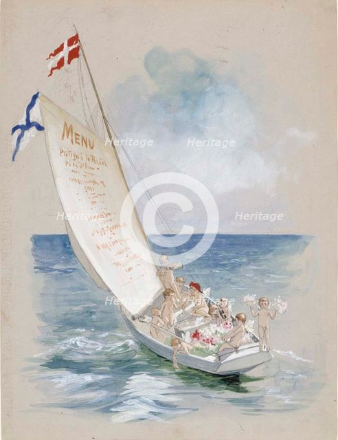 Sailboat downwind, draft menu, c1890s. Creator: Albert Edelfelt.