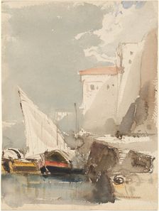 Sailboats in a Sunlit Harbor (recto), 1830s. Creator: Eugene Isabey