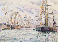 Sailboats with Holiday Flags at a Pier in Saint-Malo 1920s. Artist: Paul Signac