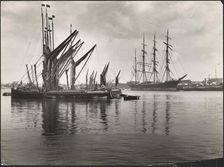 Sailing vessels at anchor on the River Medway below Rochester Bridge, Rochester, Medway, 1925-1935. Creator: J Dixon Scott
