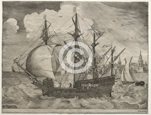 Sailing Vessels: Armed Four-Master Putting Out to Sea, 1561-65. Creator: Frans Huys (Flemish, 1522-1562).
