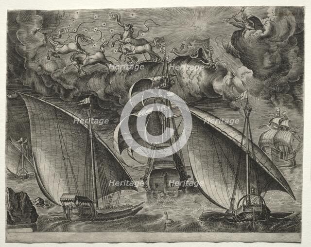 Sailing Vessels: Two Galleys Sailing Behind an Armed Three-Master with Phaeton..., 1561-65. Creator: Unknown.