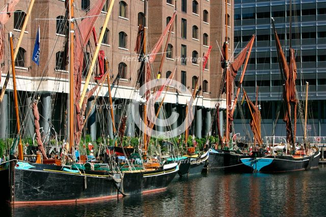 Sailing barges in St Katherine's Dock, London. Creator: Peter Thompson.