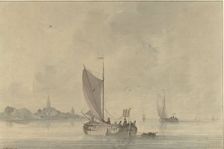 Sailing barges on the water in front of a Dutch town, 1758-1815. Creator: Nicolaas Wicart
