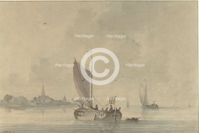 Sailing barges on the water in front of a Dutch town, 1758-1815. Creator: Nicolaas Wicart.