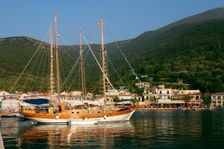 Sailing boat off Sami, Kefalonia, Greece. Creator: Peter Thompson
