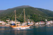 Sailing boat off Sami, Kefalonia, Greece. Creator: Peter Thompson
