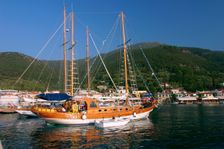 Sailing boat off Sami, Kefalonia, Greece. Creator: Peter Thompson