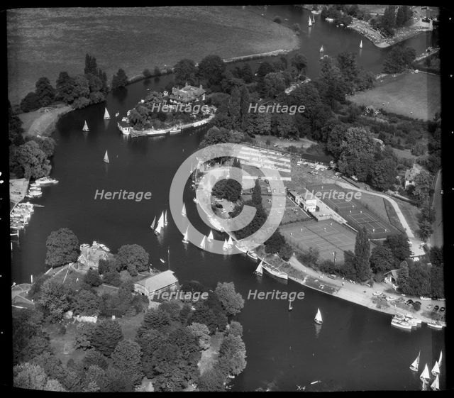 Sailing boats on the River Thames and Weybridge Tennis Club, Weybridge, Surrey, 1959.  Creator: Aerofilms.