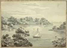 Sailing Boats on Lake with Houses near Shore, n.d. Creators: Thomas Hearne, Thomas Sunderland, James Barne