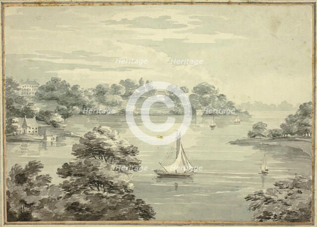 Sailing Boats on Lake with Houses near Shore, n.d. Creators: Thomas Hearne, Thomas Sunderland, James Barne.