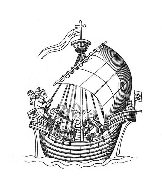 Sailing ship, 1445, (1843).Artist: Henry Shaw