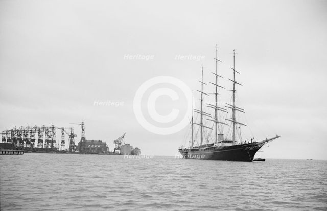 sailing ship at anchor in Landskrona harbour, Sweden, 1935. Creator: Unknown.
