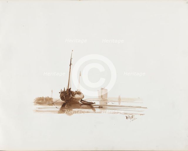 Sailing ship at anchor off the coast, 1830-1860.  Creator: Albertus van Beest.