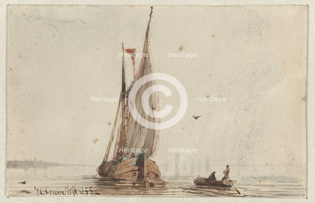 Sailing ship and rowing boat on the water, 1855. Creator: Johan Conrad Greive.
