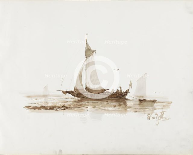 Sailing ship with figures on the water, 1830-1860. Creator: Albertus van Beest.