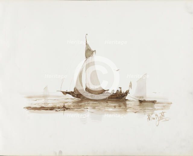 Sailing ship with figures on the water, 1830-1860. Creator: Albertus van Beest.