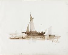Sailing ship with figures on the water, 1830-1860. Creator: Albertus van Beest