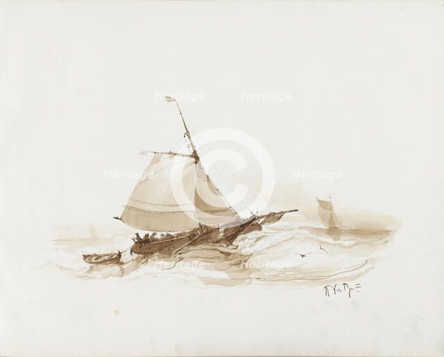 Sailing ship with figures on the water, 1830-1860. Creator: Albertus van Beest.