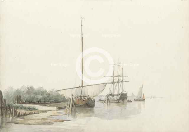 Sailing ships at anchor by a riverbank, 1797-1838.  Creator: Johannes Christiaan Schotel.