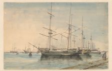 Sailing ships in a harbour, 1829-1879. Creator: Ary Pleijsier