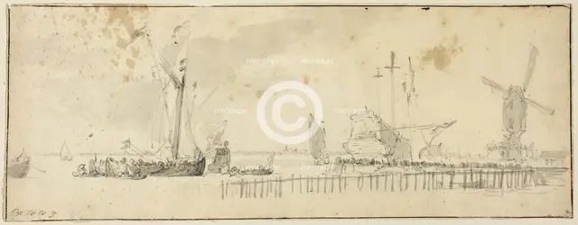 Sailing Ships in Harbor near Windmill, n.d. Creator: Willem van de Velde the Younger.