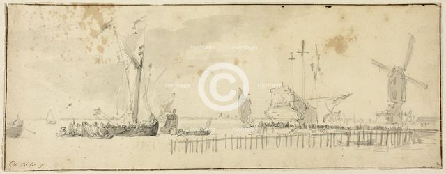 Sailing Ships in Harbor near Windmill, n.d. Creator: Willem van de Velde the Younger.