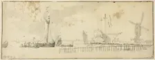 Sailing Ships in Harbor near Windmill, n.d. Creator: Willem van de Velde the Younger