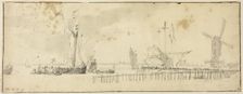 Sailing Ships in Harbor near Windmill, n.d. Creator: Willem van de Velde the Younger
