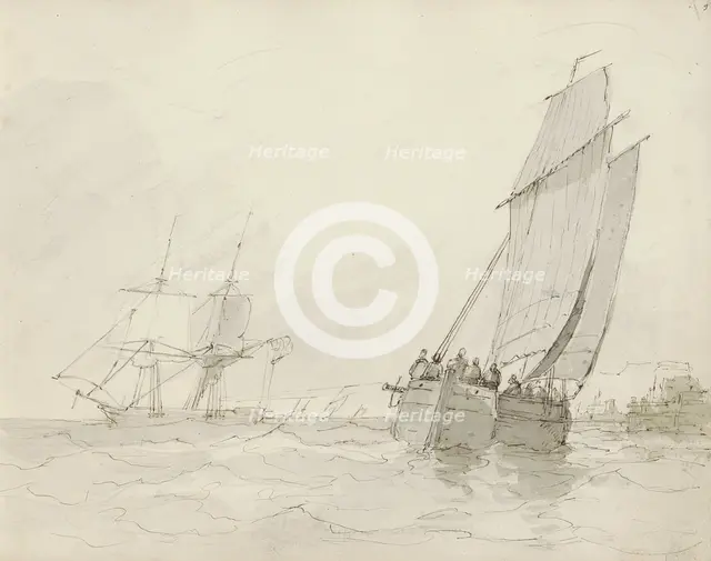 Sailing ships near a port, c.1825-c.1875.  Creator: Circle of Petrus Johannes Schotel.