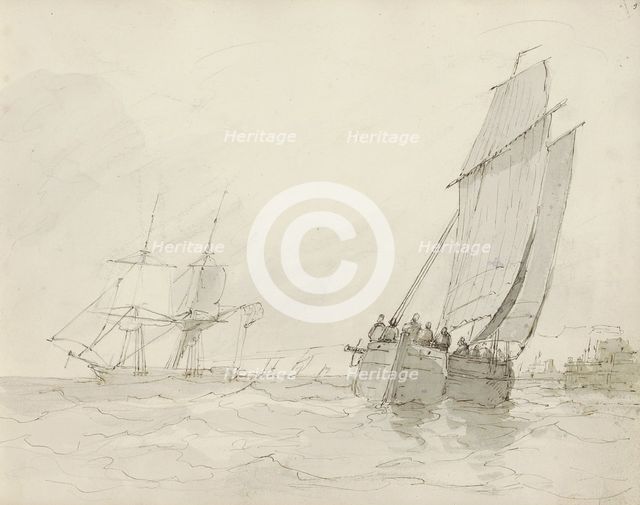 Sailing ships near a port, c.1825-c.1875.  Creator: Circle of Petrus Johannes Schotel.