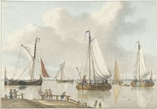 Sailing ships, on the side are five men, 1748-1805. Creator: Jan Arends