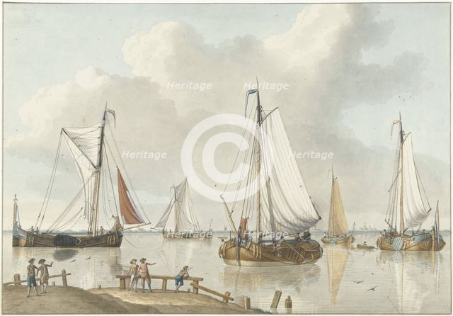 Sailing ships, on the side are five men, 1748-1805. Creator: Jan Arends.