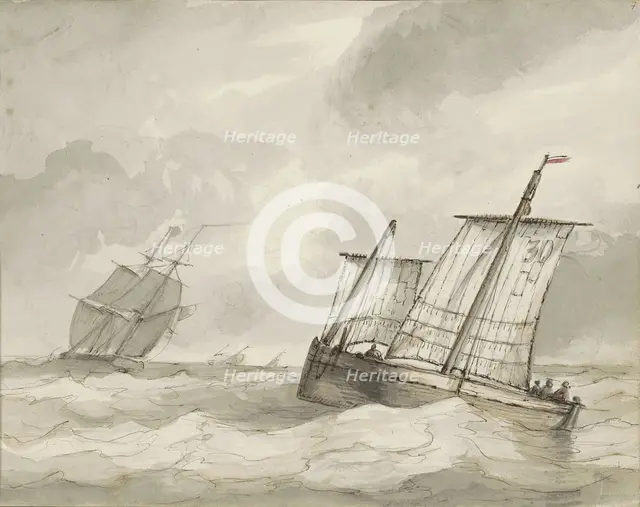 Sailing ships on a turbulent sea, c.1825-c.1875. Creator: Circle of Petrus Johannes Schotel.