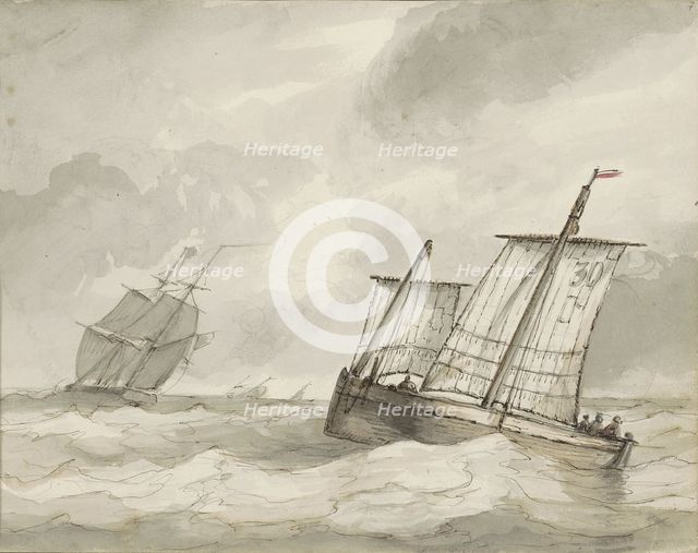 Sailing ships on a turbulent sea, c.1825-c.1875. Creator: Circle of Petrus Johannes Schotel.