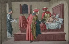 Saint Cosmas and Saint Damian visiting a sick person and administering aid, 3rd cent (1877). Creator: Etienne Huyot
