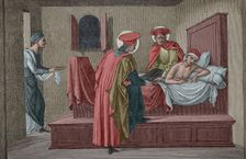 Saint Cosmas and Saint Damian visiting a sick person and administering aid, 3rd cent (1877). Creator: Etienne Huyot