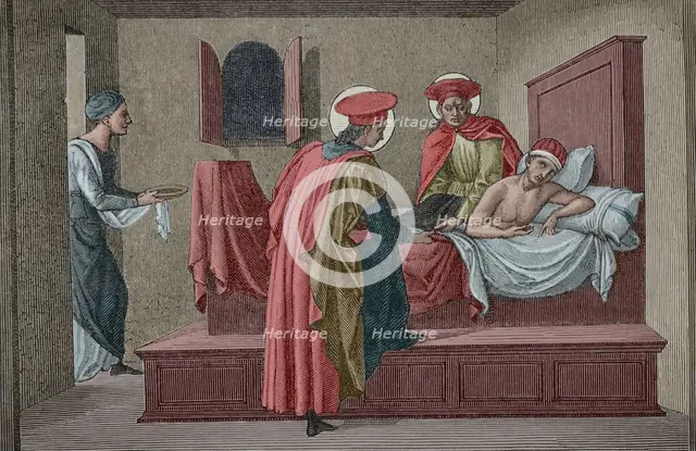 Saint Cosmas and Saint Damian visiting a sick person and administering aid, 3rd cent (1877). Creator: Etienne Huyot.