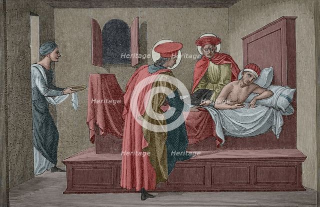 Saint Cosmas and Saint Damian visiting a sick person and administering aid, 3rd cent (1877). Creator: Etienne Huyot.