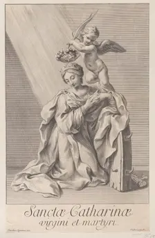 Saint Catherine of Alexandria, kneeling with her elbow resting on the spiked wheel, and an..., 1698. Creator: Nicolas Dorigny
