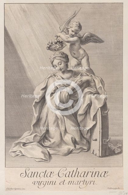 Saint Catherine of Alexandria, kneeling with her elbow resting on the spiked wheel, and an..., 1698. Creator: Nicolas Dorigny.