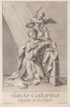 Saint Catherine of Alexandria, kneeling with her elbow resting on the spiked wheel, and an..., 1698. Creator: Nicolas Dorigny