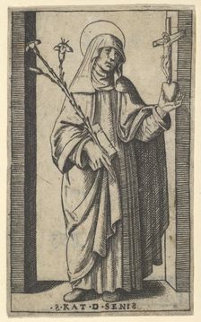 Saint Catherine of Siena standing holding flowers and book in her right hand, a h..., ca. 1500-1527. Creator: Marcantonio Raimondi