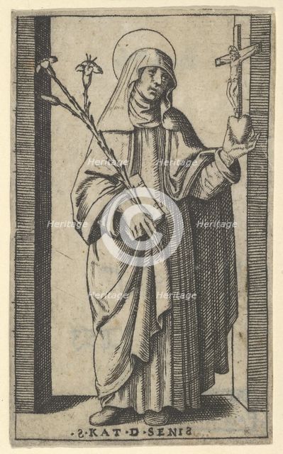 Saint Catherine of Siena standing holding flowers and book in her right hand, a h..., ca. 1500-1527. Creator: Marcantonio Raimondi.
