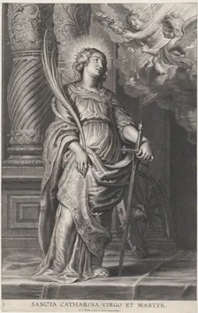 Saint Catherine holding palm leaves and a sword, two putti overhead holding a laure..., ca. 1625-59. Creator: Boetius Adams Bolswert