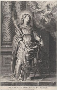 Saint Catherine holding palm leaves and a sword, two putti overhead holding a laure..., ca. 1625-59. Creator: Boetius Adams Bolswert