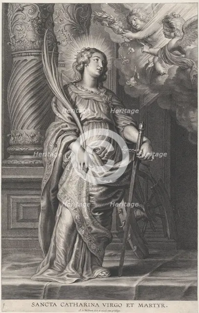 Saint Catherine holding palm leaves and a sword, two putti overhead holding a laure..., ca. 1625-59. Creator: Boetius Adams Bolswert.