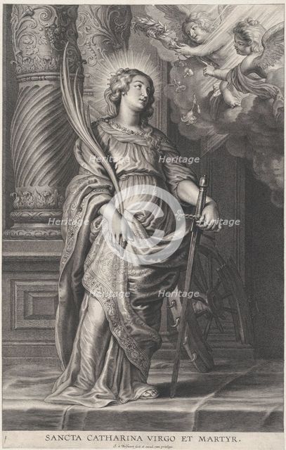 Saint Catherine holding palm leaves and a sword, two putti overhead holding a laure..., ca. 1625-59. Creator: Boetius Adams Bolswert.
