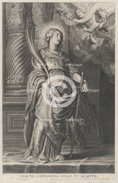 Saint Catherine holding palm leaves and a sword, two putti overhead holding a laure..., ca. 1625-59. Creator: Boetius Adams Bolswert.